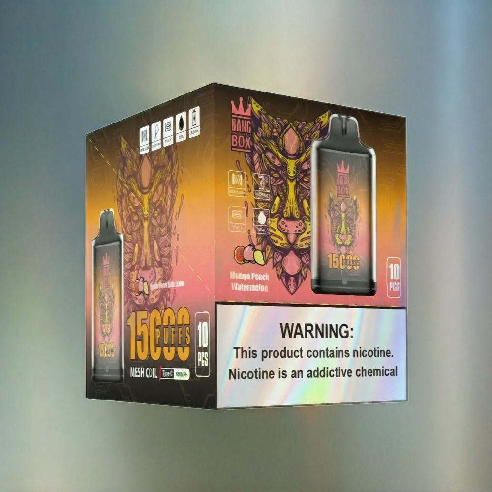 Bang Box 15000 Puffs Italia Ingrosso - Mango Pesca Anguria: 23ml E-liquid, 650mAh Batteria, 15000 Puffs, Tipo-C USB, Confezione da 10 pezzi.