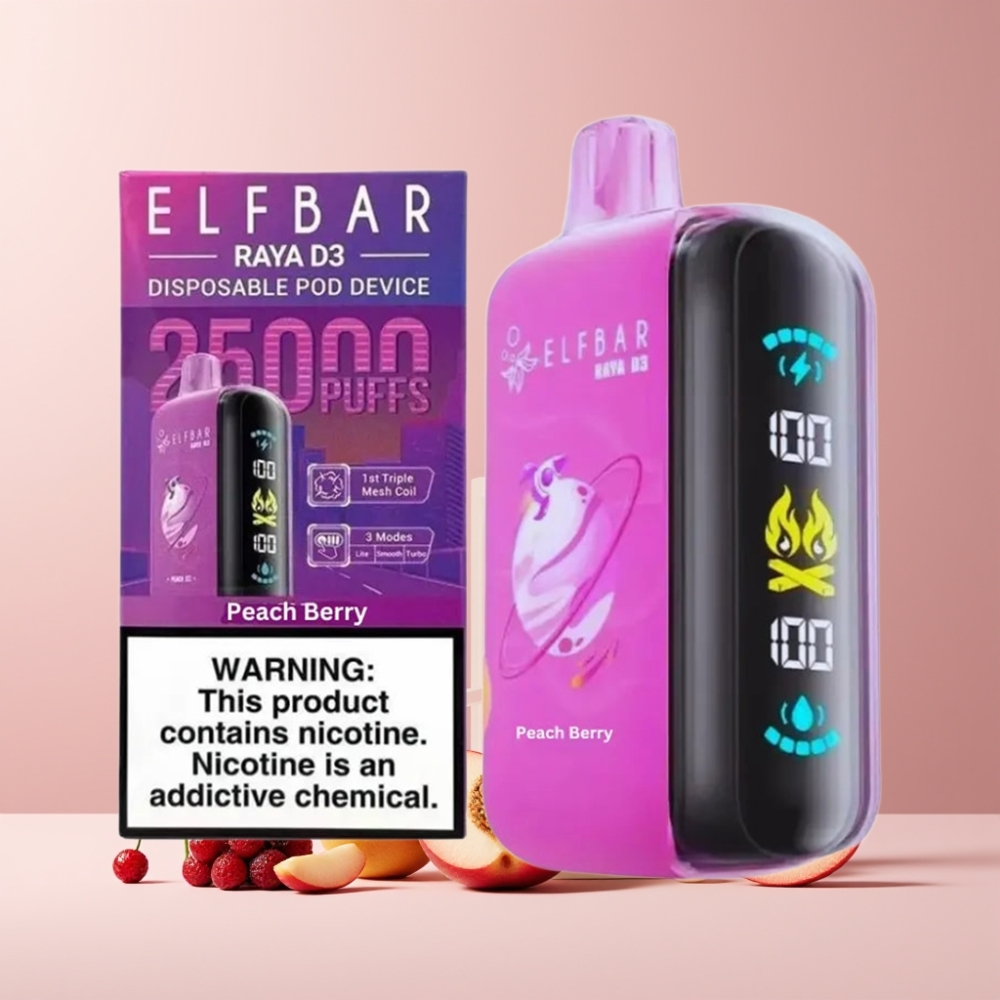 ELF BAR RAYA D3 25000 Puff Ricarica Disposable Vape Pesca e Frutti di Bosco Italia ingrosso 23ml 5% Tipo-C Schermo Grande