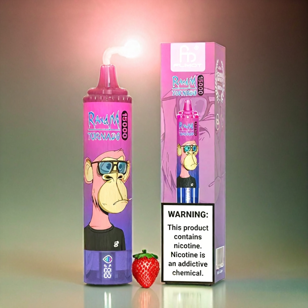 Fumot RandM Tornado 15000 Puffs Italia Ingrosso Vape Fragola Uva con LCD e Ricarica USB-C, Mesh Coil 0.9 Ohm, 25ml, 850mAh