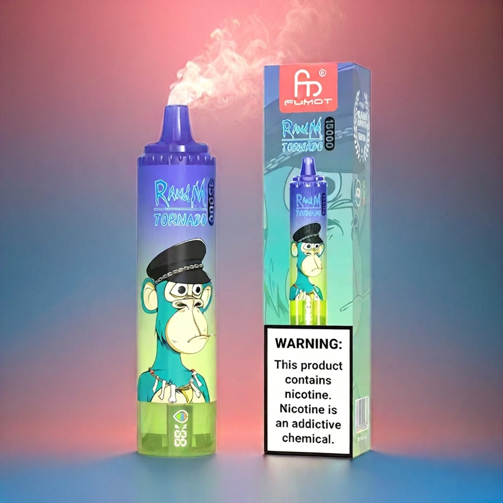 Fumot RandM Tornado Italia Ingrosso 15000 Puffs Blu Menta Gomma da Masticare con Schermo LCD, Ricarica USB Type-C, Batteria 850mAh