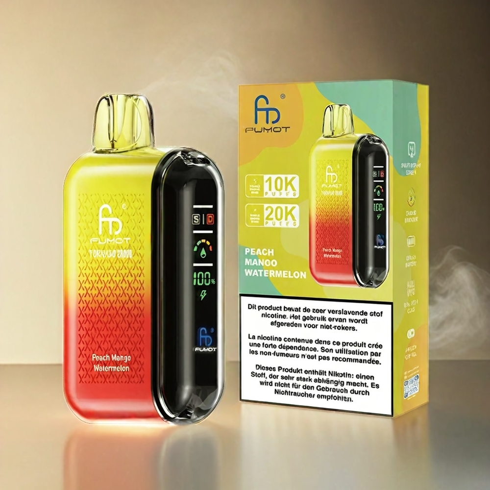 Fumot Tornado Italia Ingrosso 20000 Puffs Bobina a doppia maglia 20ml E-liquido Pesca Mango Anguria con Display Intelligente e Batteria Ricaricabile 850mAh