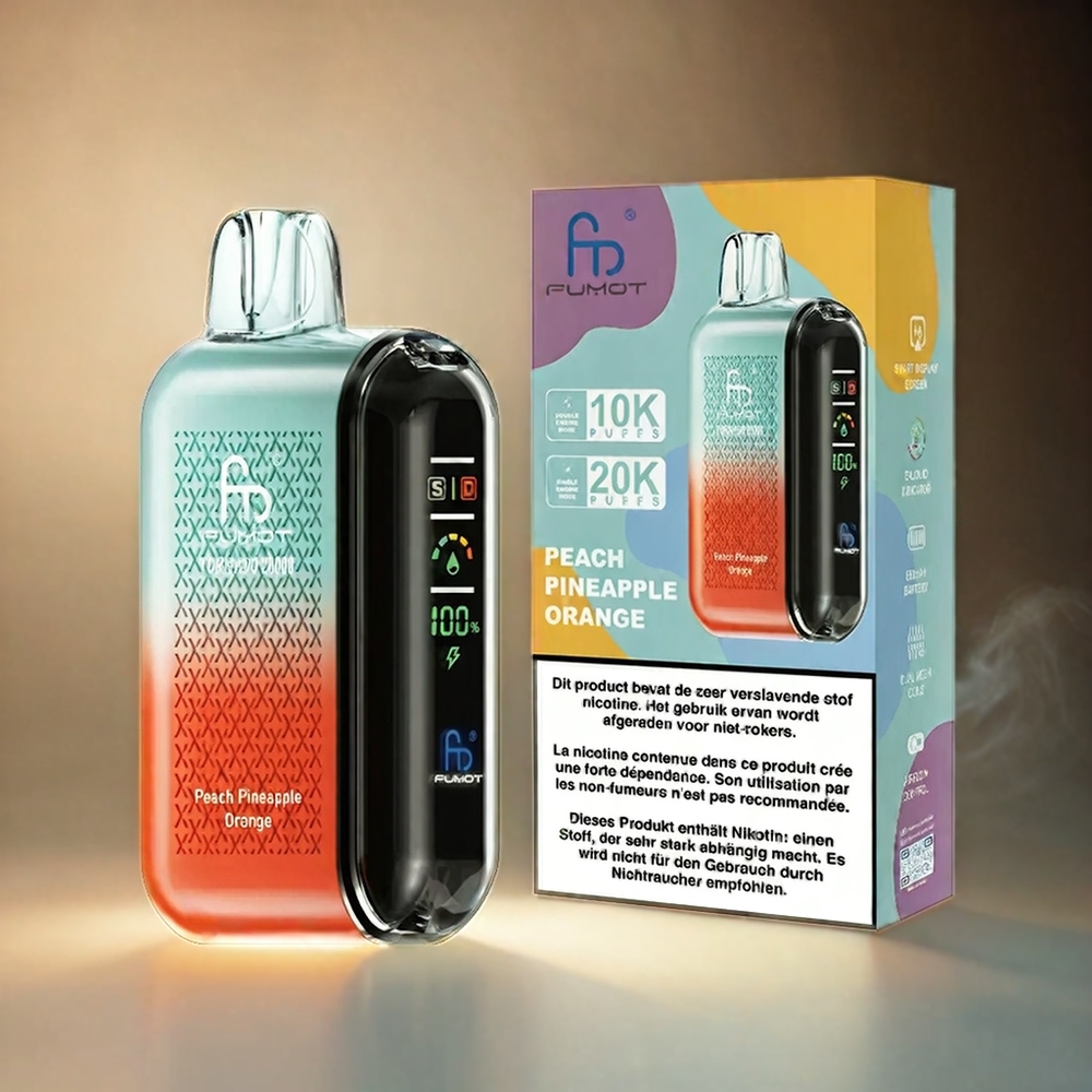 Fumot Tornado Italia Ingrosso 20000 Puffs Bobina a doppia maglia Peach Pineapple Orange (Pesca Ananas Arancia) 20ml 850mAh Smart Display