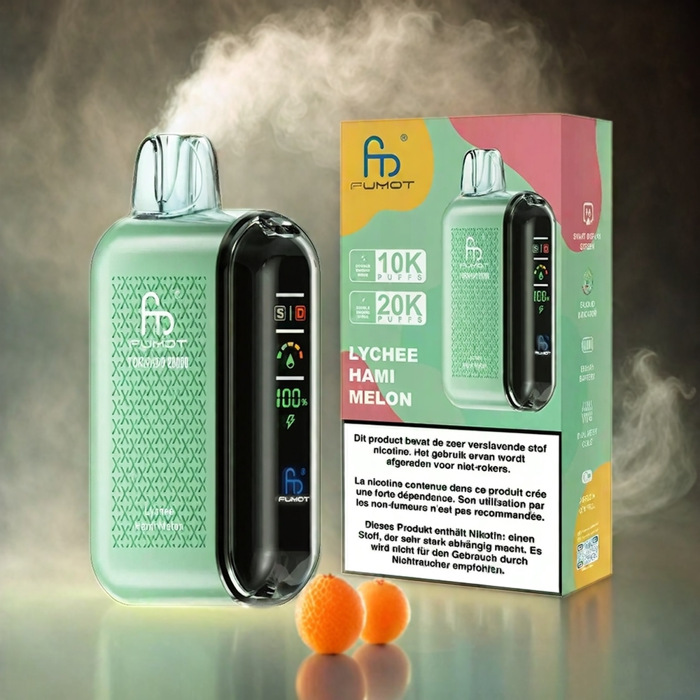 Fumot Tornado Italia Ingrosso 20000 Puffs Vape Litchi Melone di Hami con Bobina a doppia maglia, 20ml E-liquid, 850mAh Batteria, Smart Display e Controllo del Flusso d'Aria