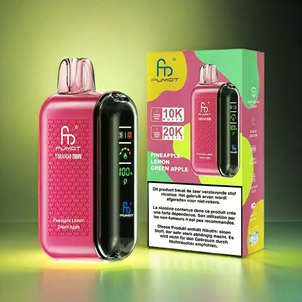 Fumot Tornado Italia Ingrosso 20000 Tiri Pineapple Lemon Green Apple con Bobina a doppia maglia, 20ml E-liquid, 850mAh Batteria, Display Smart e Controllo Flusso Aria