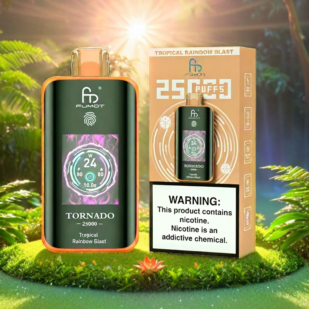 Fumot Tornado 25000 Puffs Italia Ingrosso - Tropical Arcobaleno Esplosione con Schermo HD, Batteria 700mAh Ricaricabile, E-liquido 20ml Pre-riempito, Tipo-C, fino a 25000 Puffs, Nicotina 0/2%/3%/5%