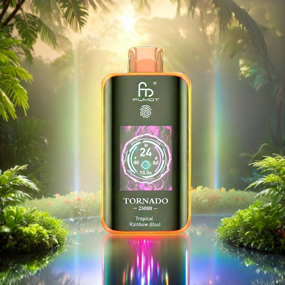 Fumot Tornado 25000 Puffs Italia Ingrosso - Tropical Arcobaleno Esplosione con Schermo HD, Batteria 700mAh Ricaricabile, E-liquido 20ml Pre-riempito, Tipo-C, fino a 25000 Puffs, Nicotina 0/2%/3%/5%