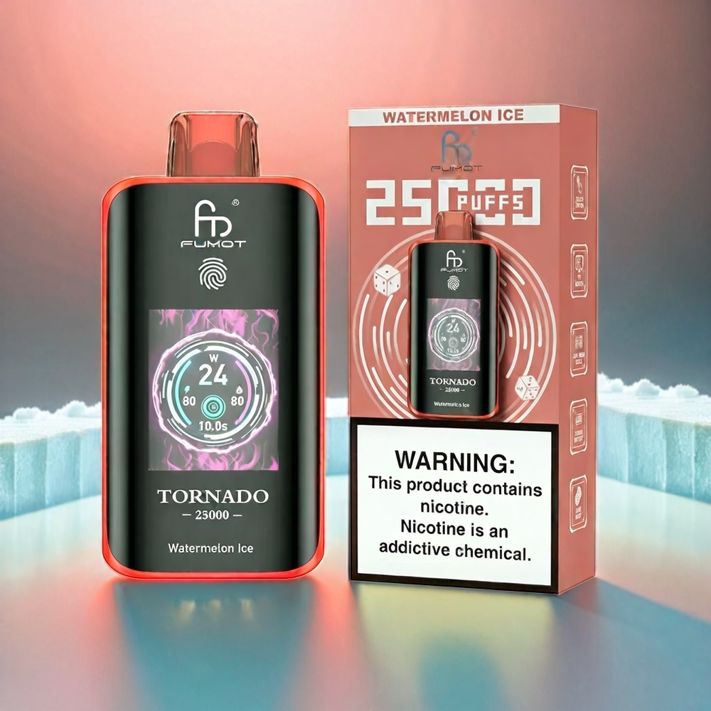 Fumot Tornado Italia Ingrosso 25000 Puffs con Schermo HD, 700mAh Batteria Ricaricabile, E-liquido Pre-riempito 20ml, Tipo-C, Anguria Ghiacciata, 0/2%/3%/5% Nicotina