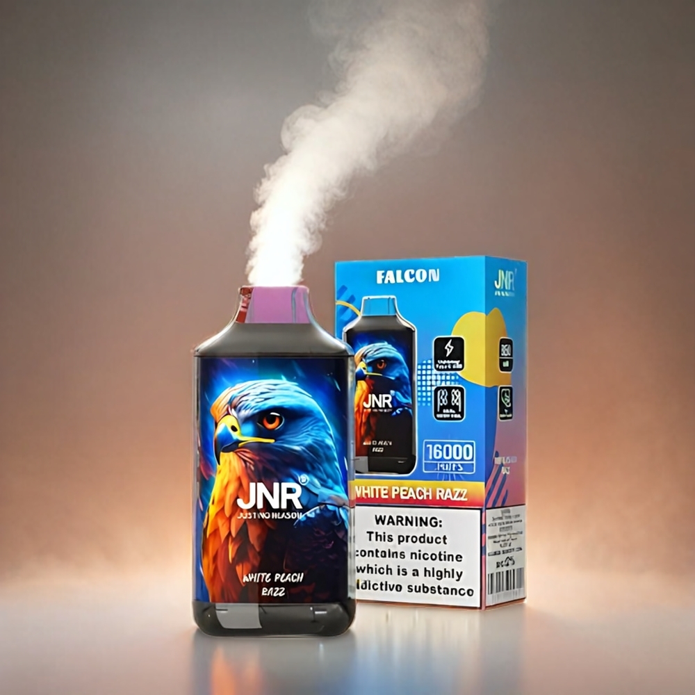 Italia Ingrosso JNR Falcon 16000 Puffs White Peach Razz – 850mAh Batteria, 22ml E-Liquid, Bobina a doppia maglia, Tipo C e Lightning Charging, Display LED intelligente