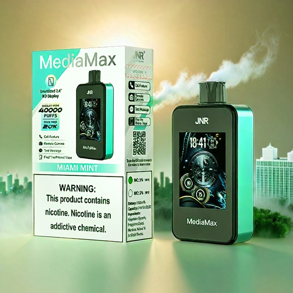 Italia Ingrosso JNR MediaMax 40000 Puffs Aroma Menta Miami – 21mL Liquido, 5% Nicotina, Batteria 1000mAh, Bobina a doppia maglia, Ricarica Type-C, Display HD 2.4"