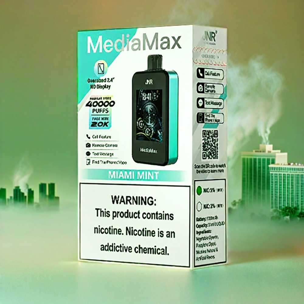 Italia Ingrosso JNR MediaMax 40000 Puffs Aroma Menta Miami – 21mL Liquido, 5% Nicotina, Batteria 1000mAh, Bobina a doppia maglia, Ricarica Type-C, Display HD 2.4