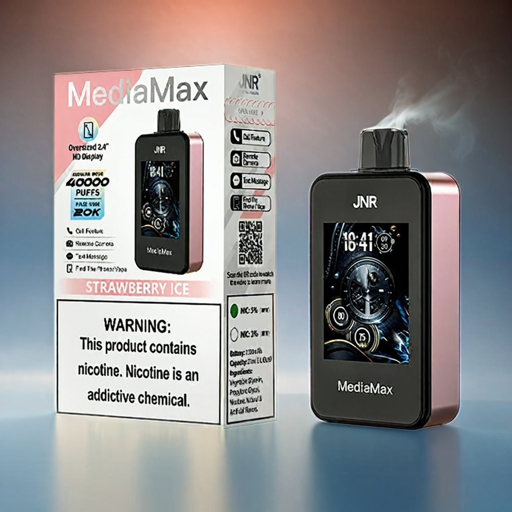 Italia Ingrosso JNR MediaMax 40000 Tiri Vape Fragola Ghiaccio - 21mL, 5% Nicotina, Batteria 1000mAh, Ricarica Type-C, Display HD 2.4