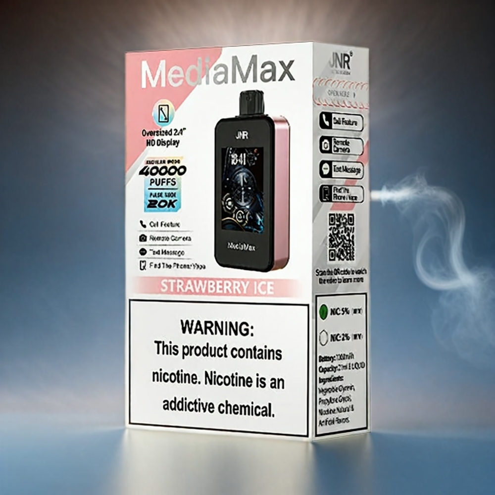 Italia Ingrosso JNR MediaMax 40000 Tiri Vape Fragola Ghiaccio - 21mL, 5% Nicotina, Batteria 1000mAh, Ricarica Type-C, Display HD 2.4