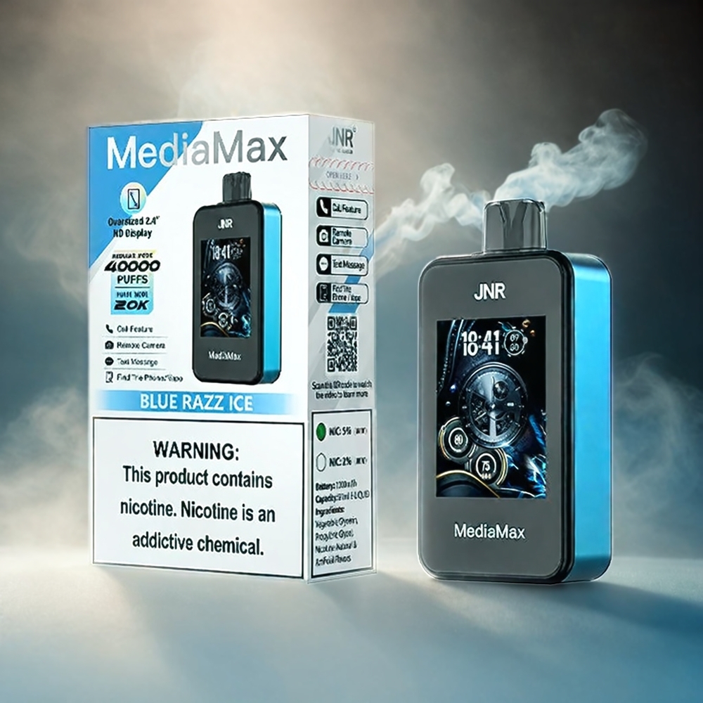 JNR MediaMax 40000 Puffs Italia Ingrosso - Blu Razz Ice - 21mL E-Liquid, 1000mAh Batteria, Ricarica Rapida Type-C, Display HD 2.4"