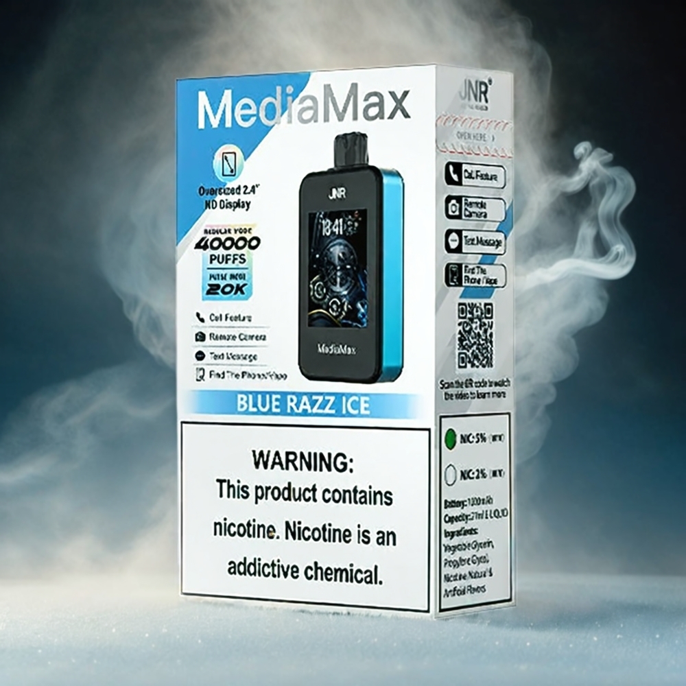 JNR MediaMax 40000 Puffs Italia Ingrosso - Blu Razz Ice - 21mL E-Liquid, 1000mAh Batteria, Ricarica Rapida Type-C, Display HD 2.4