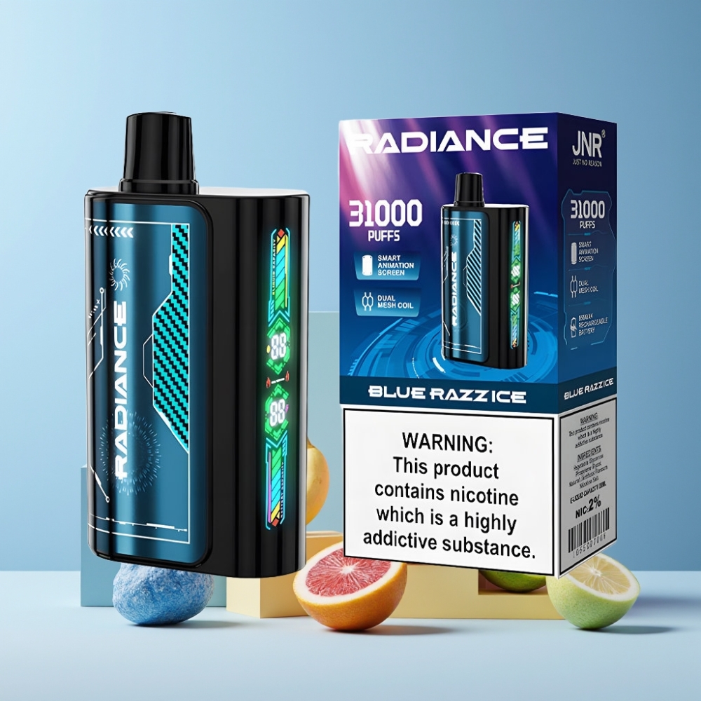 JNR Radiance Italia Ingrosso 31000 Puff Blu Lampone Ghiaccio Disposable Vape con Schermo Animato e Dual Mesh Coil