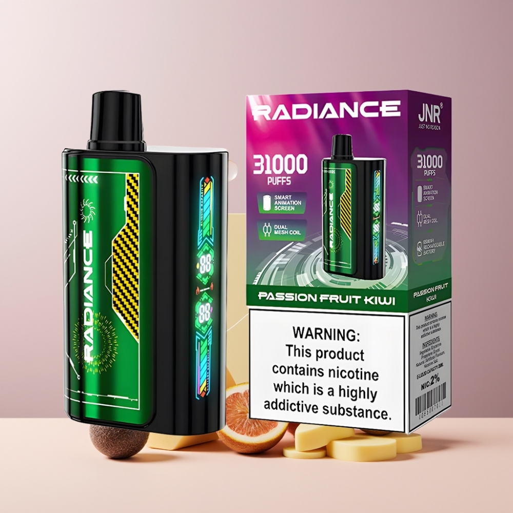 JNR Radiance Italia ingrosso 31000 Puff Disposable Vape Frutto della Passione Kiwi con Schermo Animato, Dual Mesh Coil, 28ml E-liquid