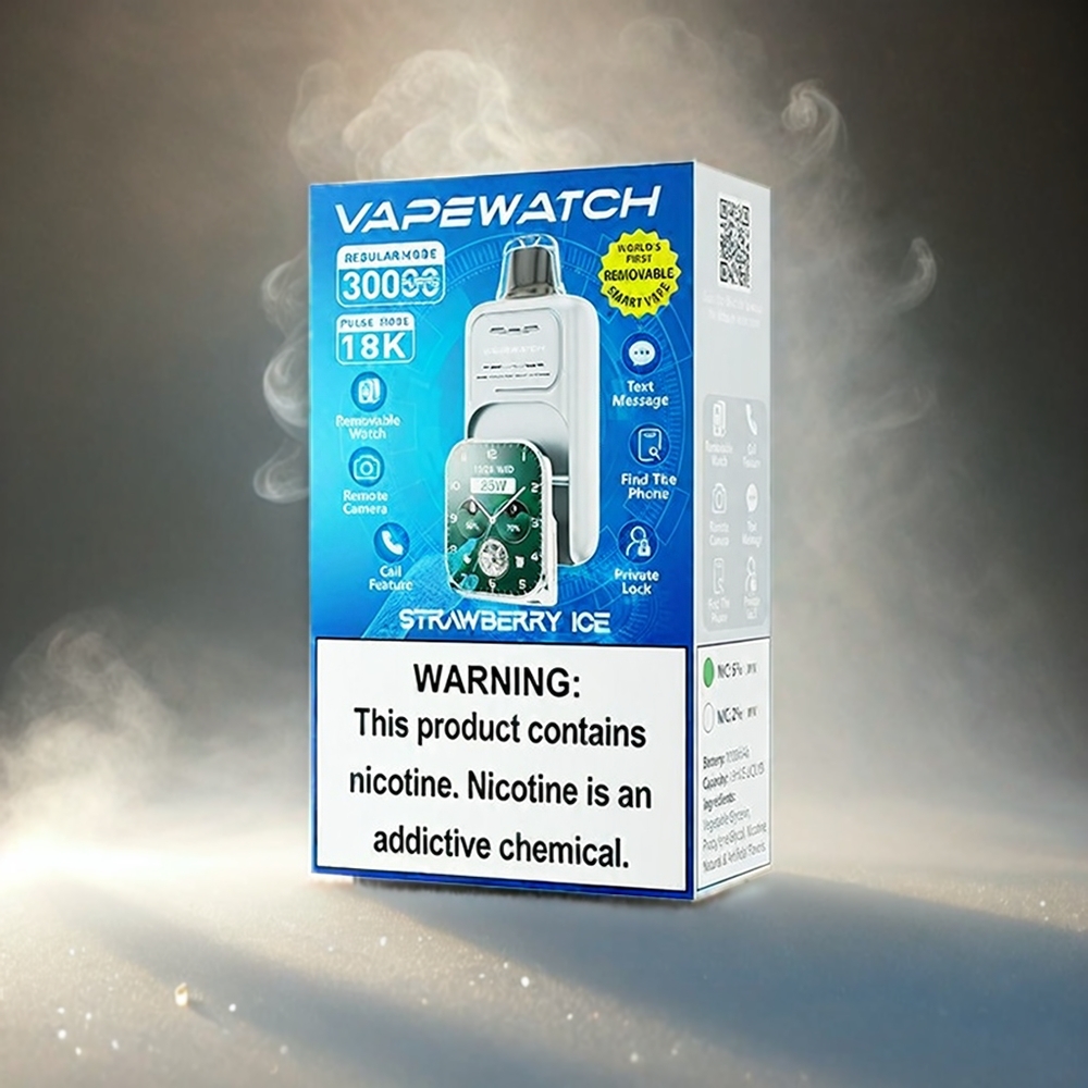 Italia Ingrosso JNR Vape Watch 30000 Puffs Fragola Ghiaccio – 1000mAh Batteria, 19mL E-liquid, Tipo-C Carica Rapida, Bobina a doppia maglia