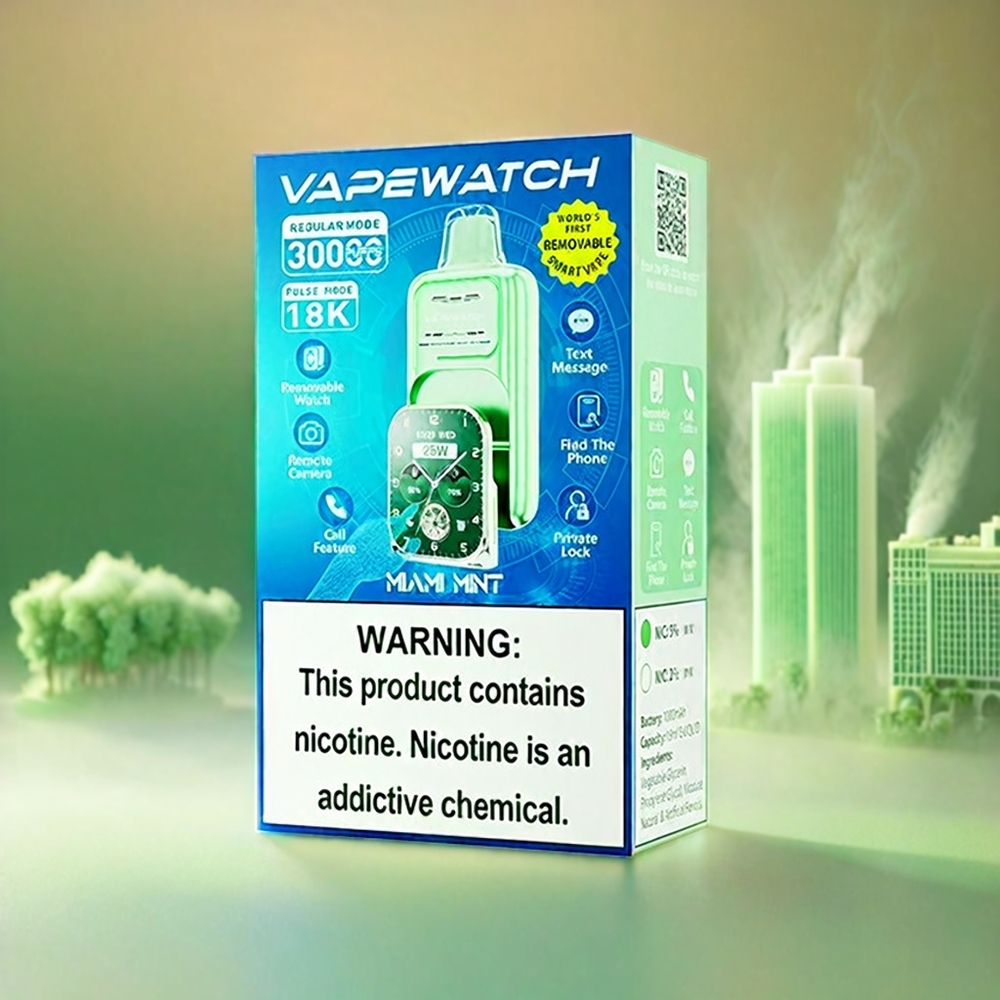 Italia Ingrosso JNR Vape Watch 30000 Puffs Miami Menta - 1000mAh Batteria, 19mL E-Liquid, 5% Nicotina, Bobina a doppia maglia, Ricarica Type-C