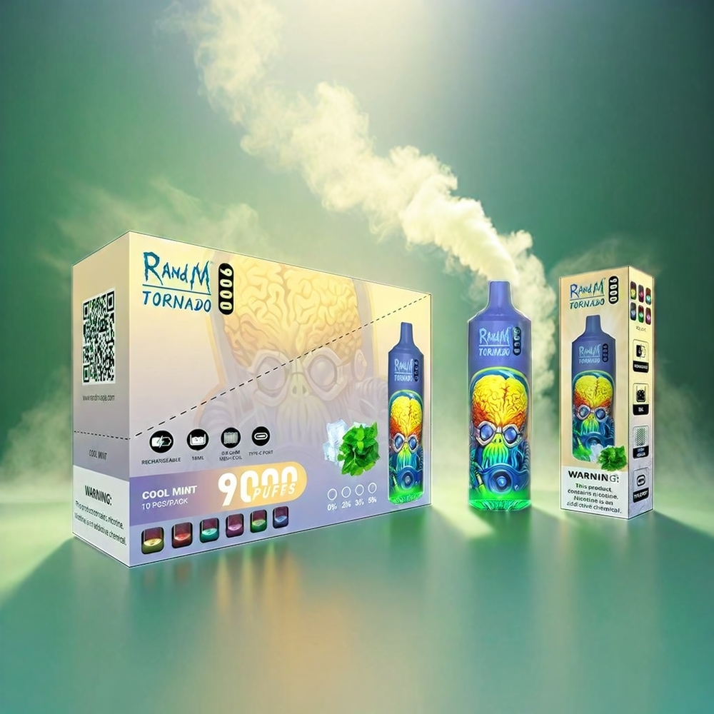 RandM Tornado 9000 Puffs Italia Ingrosso – 18 mL Mesh Coil, 850 mAh Ricaricabile, Cool Mint, Display RGB Elegante, 54 Varietà di Gusti