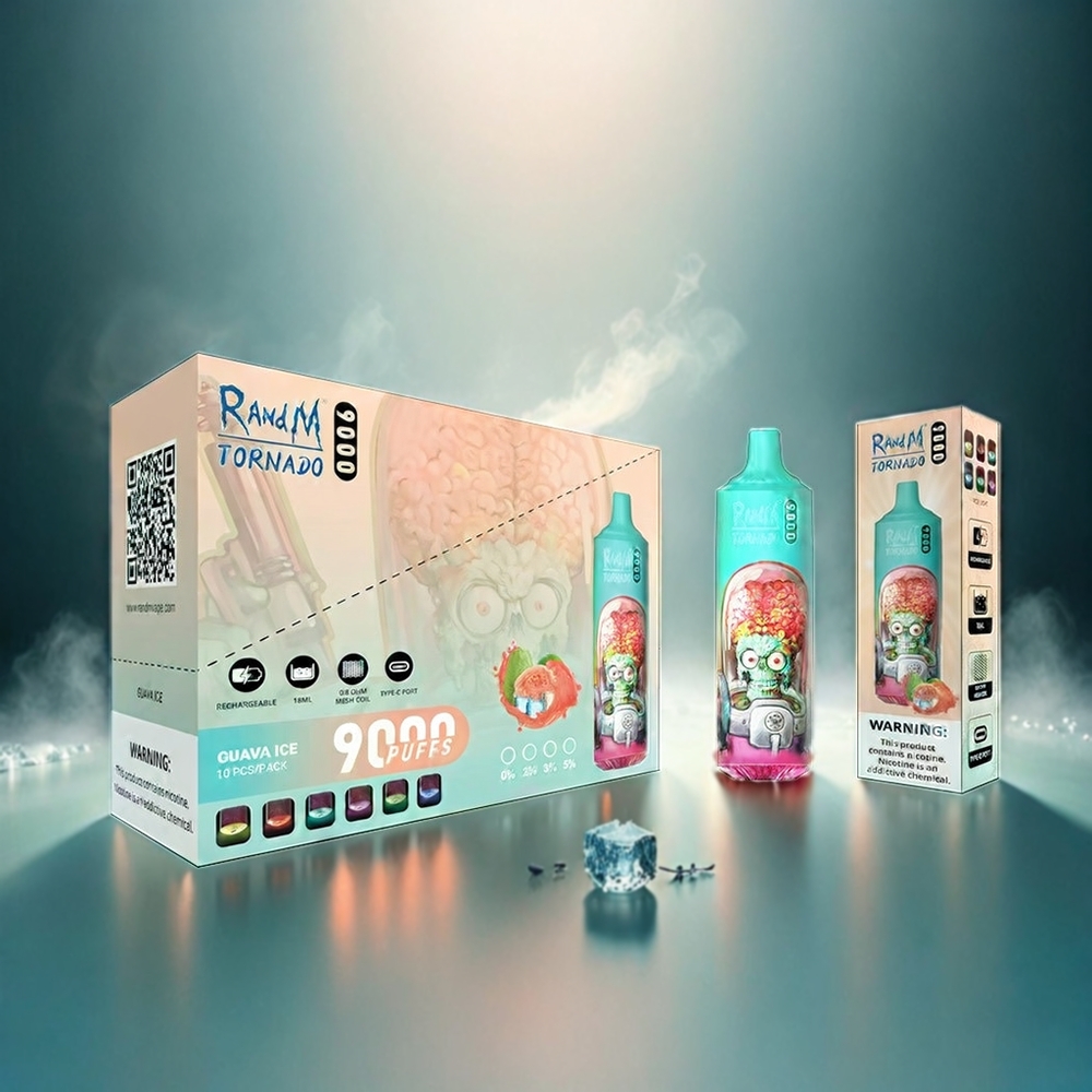 RandM Tornado 9000 Puffs Italia Ingrosso - 18mL E-liquid, 850mAh Ricaricabile, Mesh Coil, Display RGB, Guava Ice, 54 Gusti