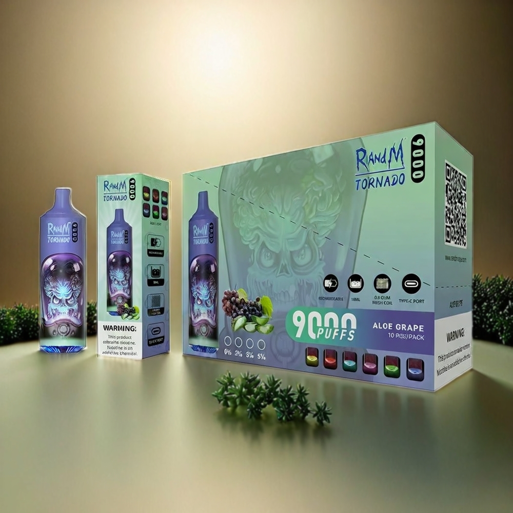 RandM Tornado 9000 Puffs Italia Ingrosso - 18mL Mesh Coil con Display RGB, Aloe Uva, 54 Varietà di Gusti