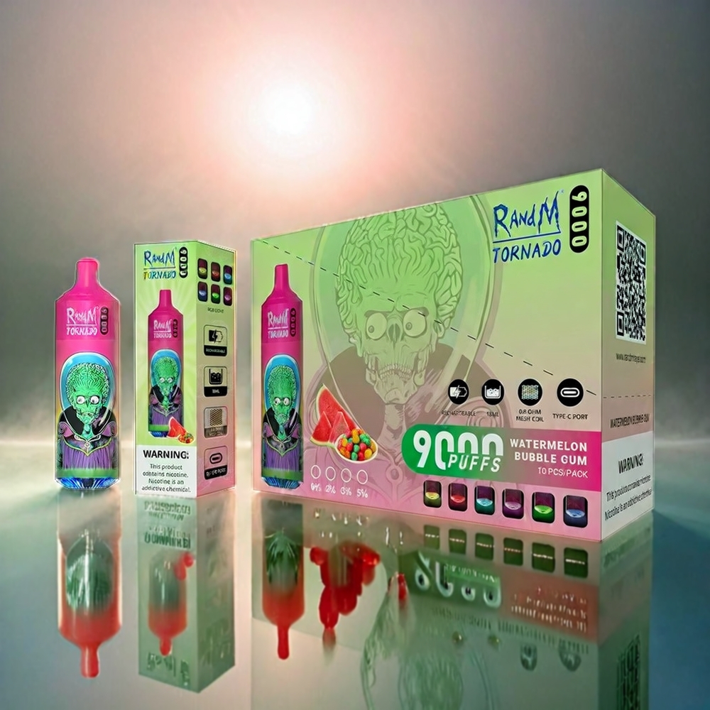 RandM Tornado 9000 Puffs Italia Ingrosso - 850 mAh Ricaricabile, 18 mL, Coil Mesh, Display RGB, Gusto Watermelon Bubble Gum, 54 Varietà