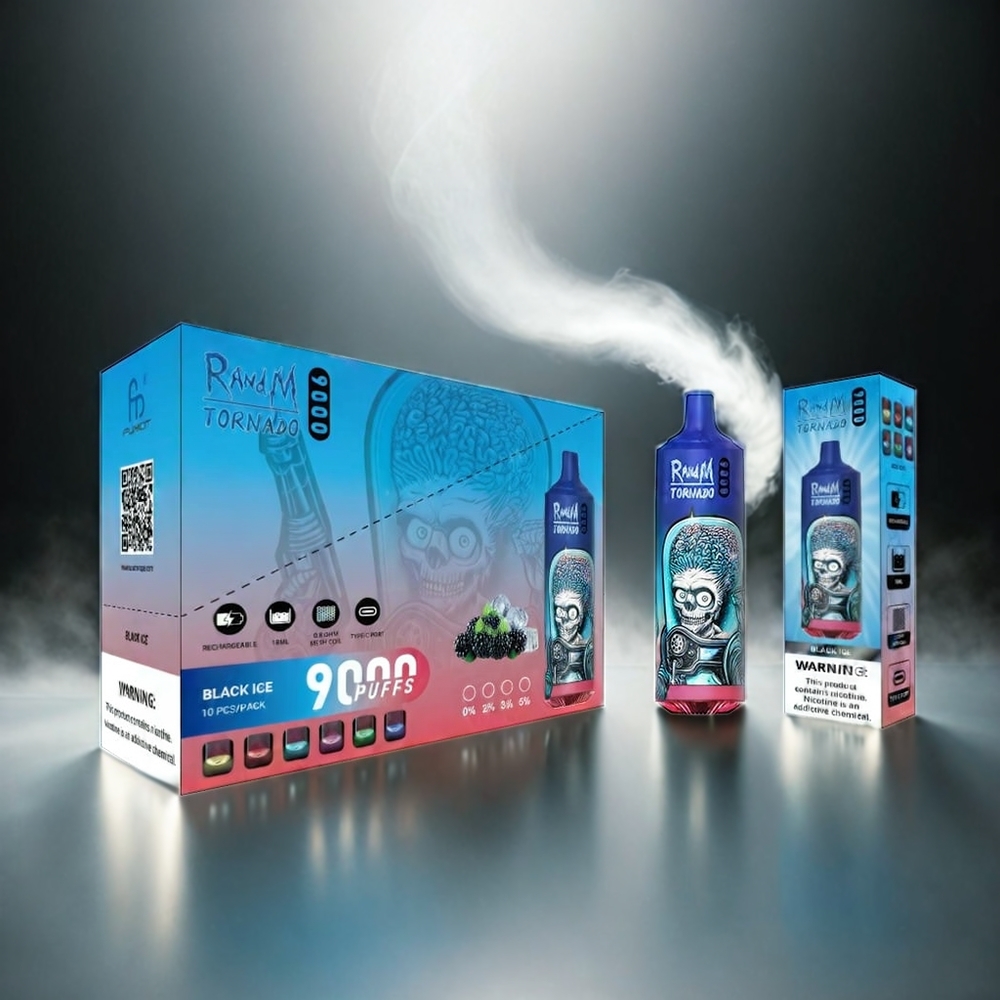 RandM Tornado 9000 Puffs Italia Ingrosso: 850 mAh Ricaricabile, 18 mL E-Liquid, Mesh Coil, Display RGB, 54 Gusti, Black Ice