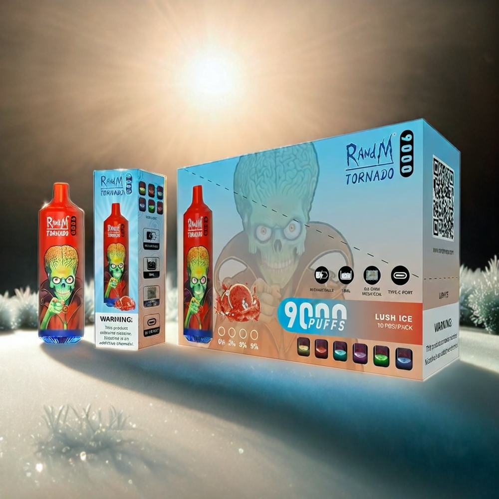 RandM Tornado 9000 Puffs Italia Ingrosso - 850 mAh Ricaricabile, 18 mL, Mesh Coil, Display RGB, Lush Ice, 54 Gusti