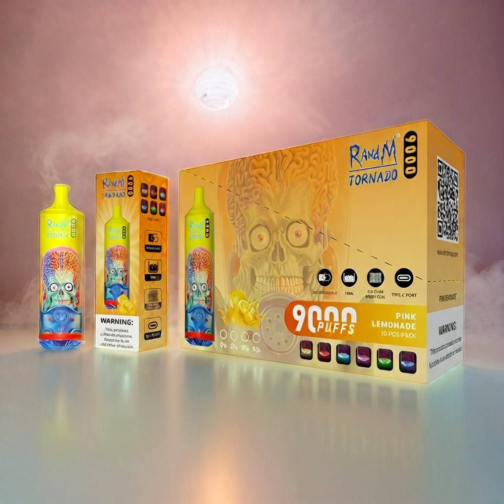 RandM Tornado 9000 Puffs Italia Ingrosso - 850 mAh Ricaricabile, 18 mL Serbatoio, Display RGB, Mesh Coil, 54 Gusti, Pink Lemonade