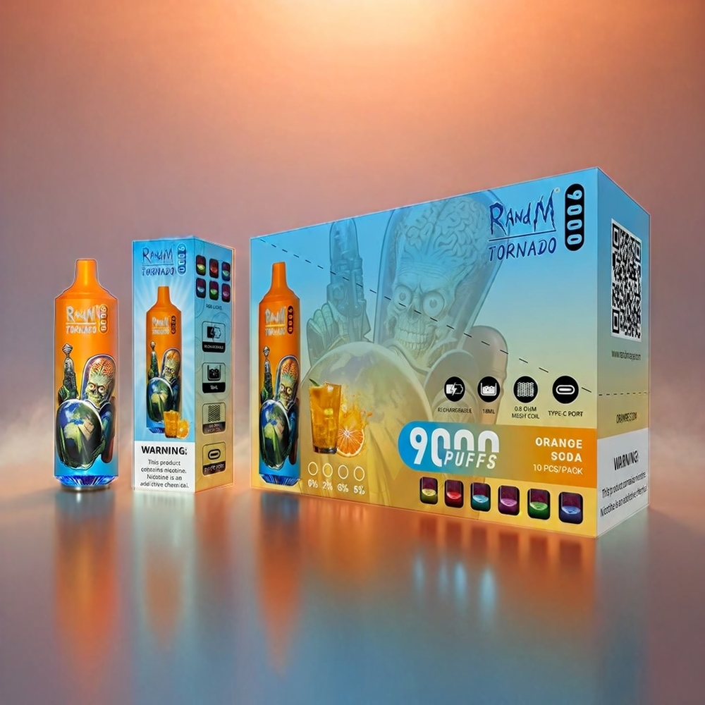 RandM Tornado 9000 Puffs Italia Ingrosso – Arancia Soda, 850 mAh Ricaricabile, Display RGB Elegante, 54 Gusti