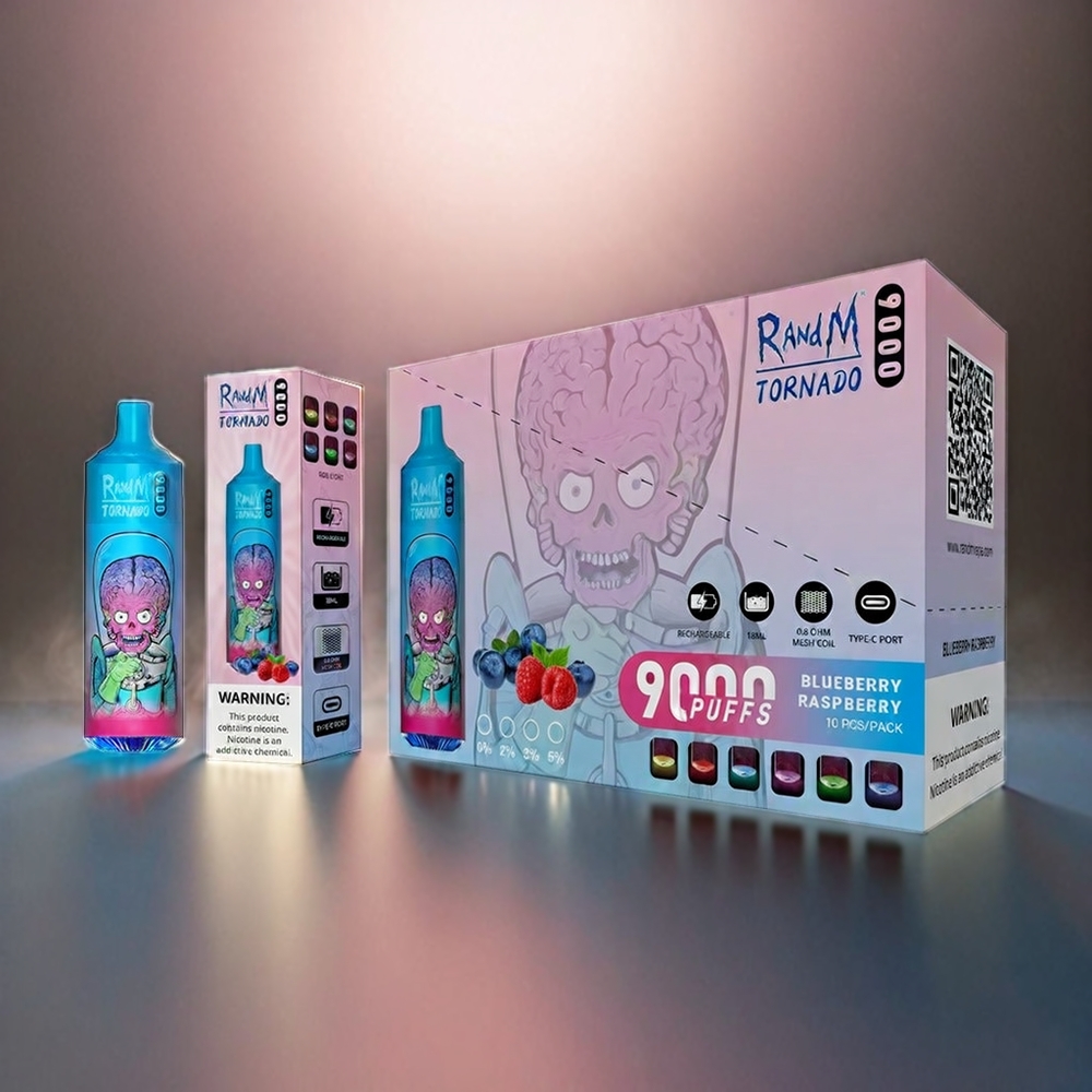 RandM Tornado 9000 Puffs Italia Ingrosso - Mirtillo Lampone (Blueberry Raspberry) - 850 mAh Ricaricabile, 18 mL, Display RGB Elegante, 54 Varietà di Gusti