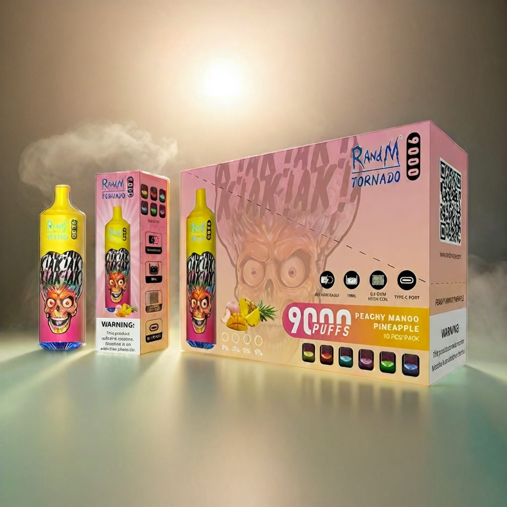 RandM Tornado 9000 Puffs Italia Ingrosso – Pepe Mango Ananas, 850 mAh Ricaricabile, Display RGB, 18 mL, Mesh Coil, 54 Gusti
