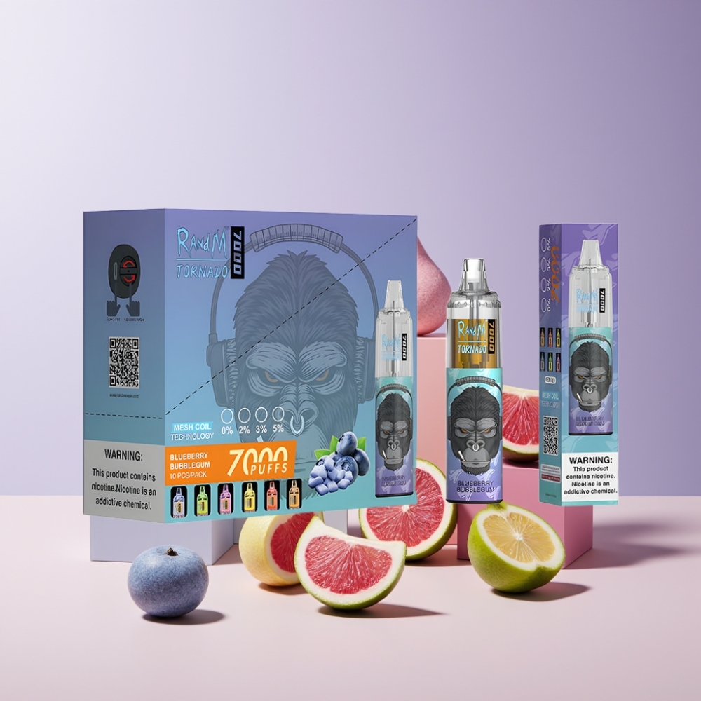 RandM Fumot Tornado 7000 Italia Ingrosso - 14ML E-liquid, 850MAH, Blu Mirtillo Bubblegum, Mesh Coil, Type-C, RGB Light