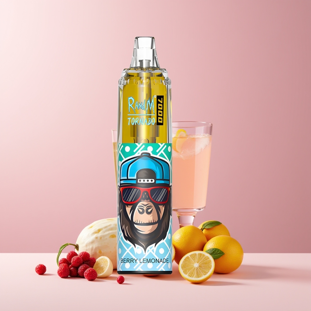 RandM Fumot Tornado 7000 Italia Ingrosso - 14ML E-liquid, 850MAH, Mesh Coil, 0-5% Nic, Lampada RGB, Berry Lemonade (Mirtillo Limonata)