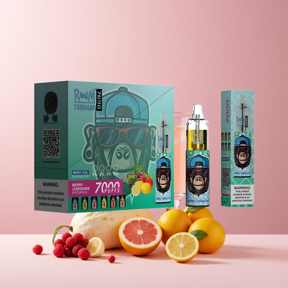 RandM Fumot Tornado 7000 Italia Ingrosso - 14ML E-liquid, 850MAH, Mesh Coil, 0-5% Nic, Lampada RGB, Berry Lemonade (Mirtillo Limonata)
