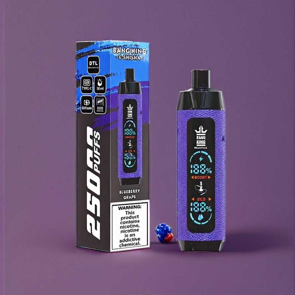 Bang King Shisha Italia Ingrosso 25000 Puff vape monouso Mirtillo Uva con 30ml Capacità E-Liquido, 650 mAh Batteria, 0.6 Ohm Bobina a maglie, Porta di Ricarica Type-C e Nicotina 0%-5%