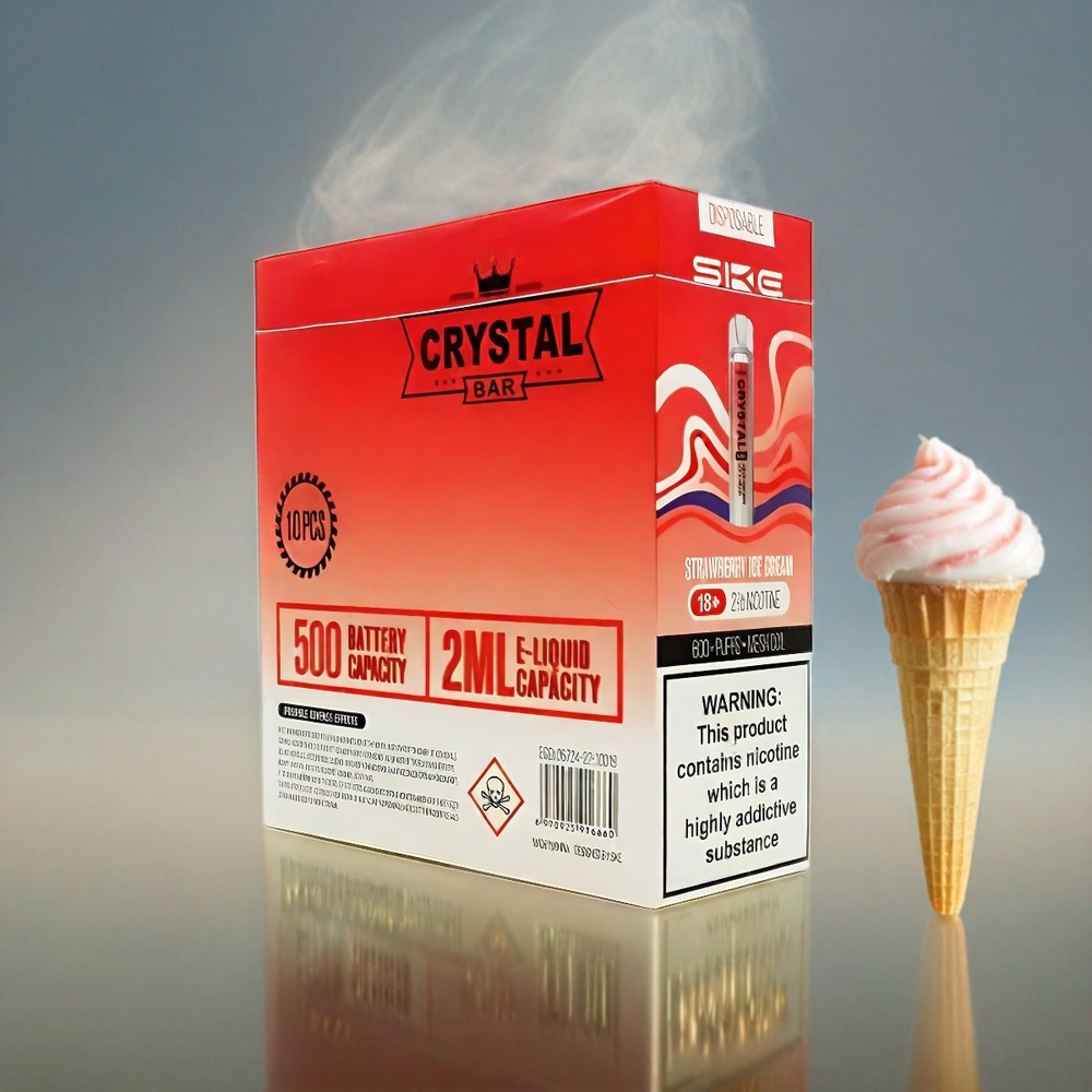 SKE Crystal BAR 600 Italia Ingrosso - Gelato alla Fragola Senza Nicotina, 500mAh, 600 Puffs, Acciaio Inox + PCTG