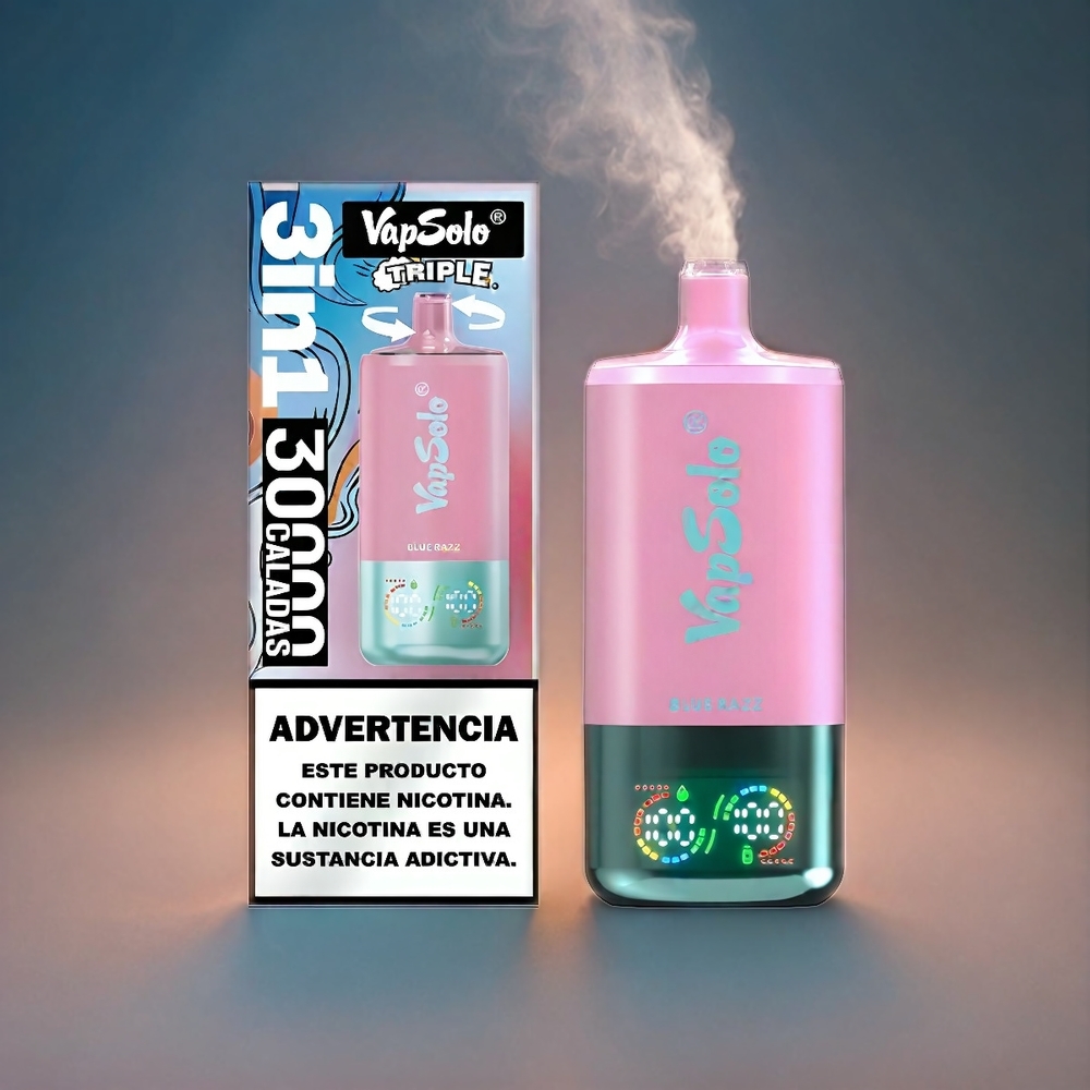 VapSolo Tripe 30000 Puffs Italia Ingrosso – Blue Razz (40ml E-Liquid, 20/50 mg/ml Nicotine, 3 Serbatoi, Ricarica Type-C)