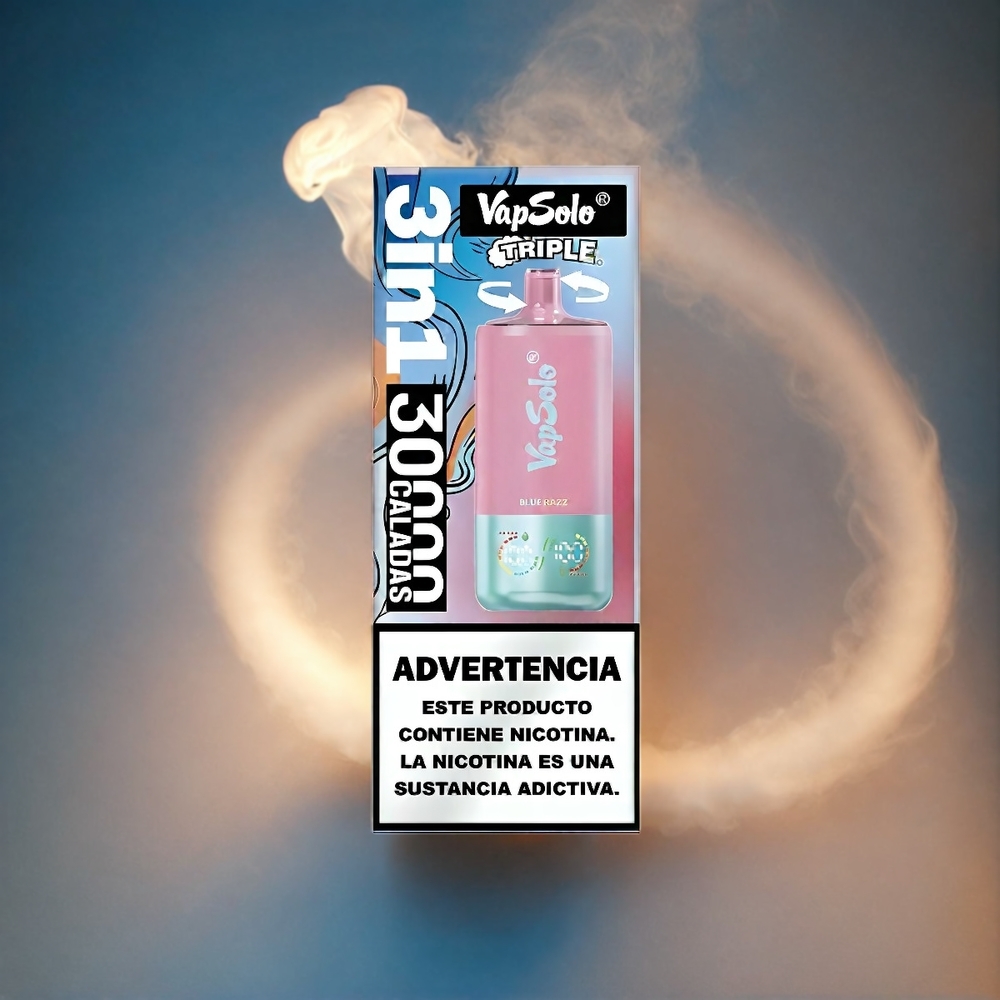 VapSolo Tripe 30000 Puffs Italia Ingrosso – Blue Razz (40ml E-Liquid, 20/50 mg/ml Nicotine, 3 Serbatoi, Ricarica Type-C)