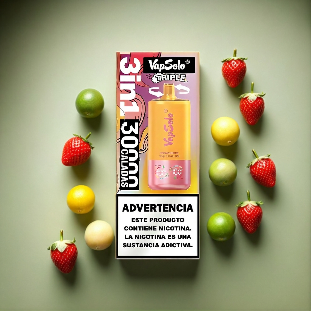 VapSolo Tripe 30000 Puffs Italia Ingrosso - Fragole Anguria & Limone Pesca - 40ml E-Liquido, Nicotina 20mg/ml o 50mg/ml, 3 Serbatoi, Ricarica Type-C
