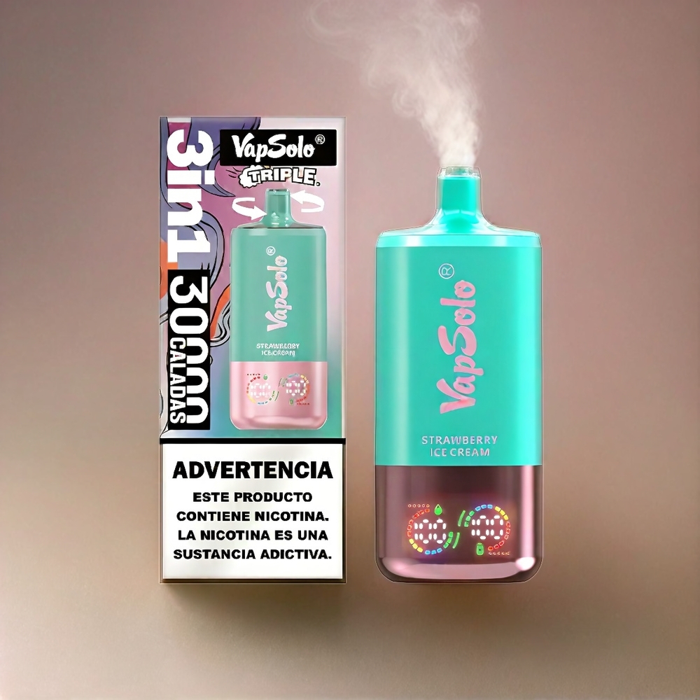 VapSolo Tripe 30000 Puffs Italia Ingrosso - Gelato alla Fragola, 40ml E-Liquid, 3 Serbatoi, Ricarica Type-C