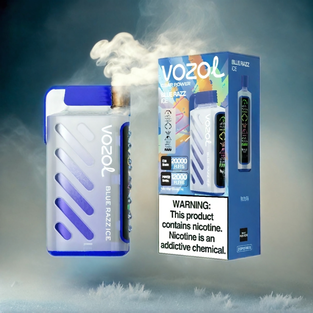 VOZOL Gear Power Italia Ingrosso – 20000 Tirate S.i.L.C. Tech, Bobina a doppia maglia, Schermo Intero, 20mL Ghiaccio Lampone Blu 5% (50mg) – ECO Mode 20000 Puffs, POWER Mode 12000 Puffs